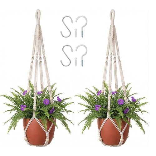 mivofo Macrame Plant Hanger 35", Set of 2 No Tassel Hanging Plant Holder, Sturdy Flower Pot Holder with 4 Hooks - Ivory