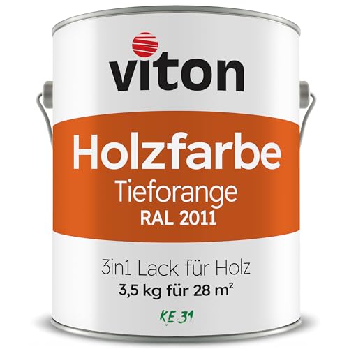 Viton Holzfarbe in Orange - 3,5 Kg Holzlack Seidenmatt - Wetterschutzfarbe für Außen - 3in1 Grundierung & Deckfarbe - Profi-Holzschutzlack - KE31 - RAL 2011 Tieforange