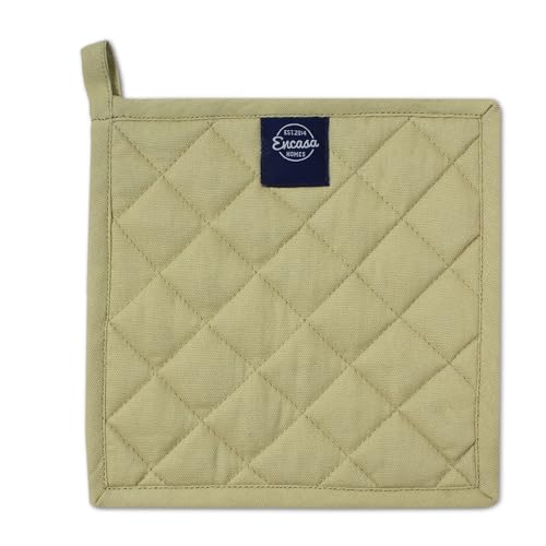 Image of Encasa XO Heat Resistant Cotton Pot Holders with Hanging Loop - Set of 2 - Sage & Coral - Multipurpose Quilted Everyday Hot Pad for Kitchen, Camping, BBQ & Microwave - 21 cm