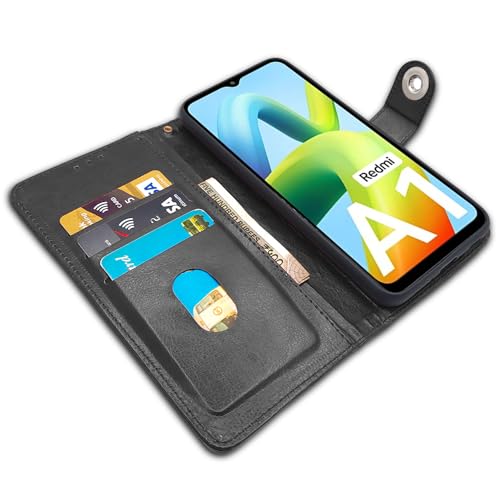 Image of Pikkme Redmi A1 | Redmi A2 Flip Cover Leather Finish | Inside TPU with Card Pockets | Wallet Stand and Shock Proof | Complete Protection Button Flip Case (Black)