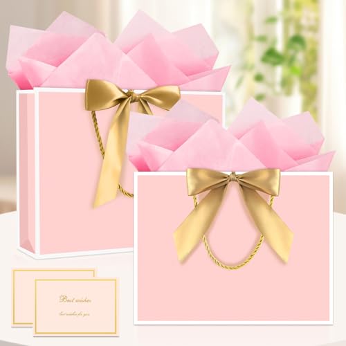 Image of JMANNI Gift Bags with Handles, 11 inch Small Gift Bag for Presents, 2 Pcs Bags with 4 Tissue Paper and 2 Cards for Baby Shower Wedding Bridal Shower Mother's Day Birthday Party (Pink-White)