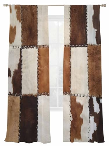 Sheer Curtains Cowhide 2 Panels Voile Window Drapes Cow Fur Print Farm Animal Skin Brown Light Filtering Window Treatments Semi Sheer Curtain Panels for Living Room Bedroom Bathroom 52x108 inches