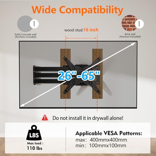 48'' Extension Extra Long Arm TV Wall Mount with Power Outlet, Rotating TV Wall Mount 180° Full Motion Heavy Duty for 26''-65'' Screens, VESA 400x400mm, Load 110 lbs, 16''Wood Stud/Concrete/Brick Wall — view 6