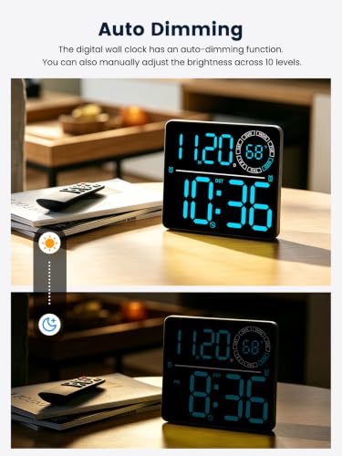 Digital Wall Clock, Digital Clock Large Display with Remote Control, Auto-Dimming Wall Clock with 9 RGB Night Light, Temp & Current Week Number for Seniors, Classroom, Office, Living Room, Bedroom - Image 5