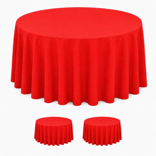 Image of WNINK 2 Pack Red Round Tablecloth, 84 Inch Disposable Plastic Table Covers, Red Round Table Cover for Birthday Parties, Holiday, Picnic, BBQ, Family Gathering Party Supplies