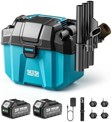 Seesii Cordless Shop Vac Wet and Dry, 2.6 Gallon Small Shop Vac with Accessory Storage Holder, 2 x 4.0Ah Batteries, 3-in-1 Wet Dry Vacuum with HEPA Filter, Strap, Ideal for Garage, Car, Workshop