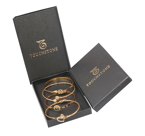 Image of Touchstone Indian Bollywood Handcrafted Engraved Etched Floral Round Rhinestones Cubic Zirconia CZ Designer Jewelry Openable Elegant Gold Plated Bracelets Combos for Women