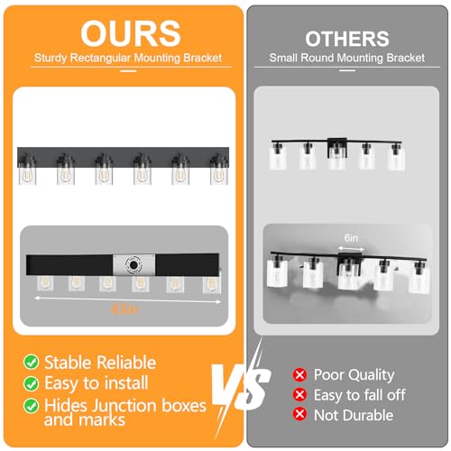 Image of IZORRO Bathroom Vanity Light Fixture, 6-Light 46 Inch Matte Black Bathroom Light Fixtures Over Mirror, with Clear Glass Shade, Modern Farmhouse Vanity Lights, Rustic Restroom Lighting Fixtures