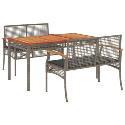 vidaXL Garden Dining Set - Outdoor 3-Piece Poly Rattan Bench with Cushions, Acacia Wood Top, Grey, UV-Resistant, Easy Maintenance