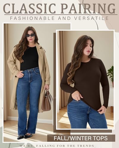 Image of Evervibe 3 Pack Women's Plus Size Long Sleeve Shirts Crew Neck Slim Fitted T Shirt Stretchy Casual Bodycon Basic Tee Tops