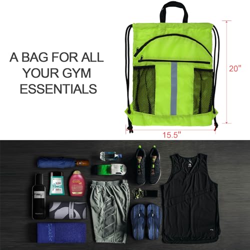 BeeGreen Yellow Drawstring Backpack with Shoe Compartment X-Large Gym Sports String Cinch Backpack Athletic Sackpack with Front Inside Zipper Pockets