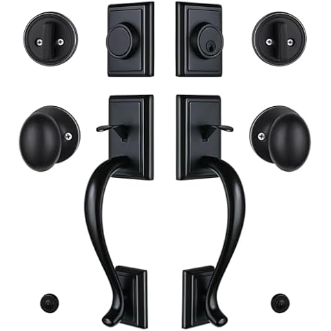 HISAFE Matte Black Double Door Handleset, Keyed & Dummy Exterior Door Handle with Deadbolt&Knob, Reversible for Left&Right Handed, 2013DBSET Cover