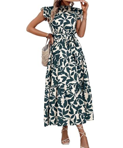 SKAYS Women's Ruffle Cap Sleeve Turtleneck Dress Fashion Print Tie-Waist Belt Flowy Maxi Dress