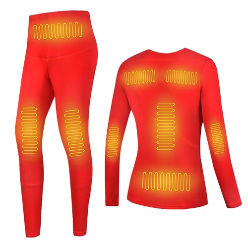 Gueploer 11 Áreas De Ropa Interior Térmica Calefaccionada para Mujeres, Conjunto De Camiseta Y Pantalón Térmico Eléctrico para Interiores Y Exteriores,Rojo,XXS