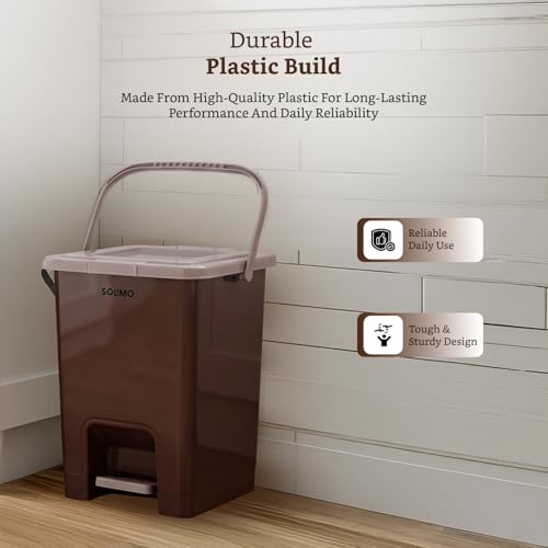 Image of Amazon Brand - Solimo Square Pedal Dustbin (18L) | Hands-Free Trash Bin with Lid | Durable Plastic | Odor Control | Compact Design | For Kitchen, Bathroom & Office | 32.5L x 31.8B x 37.3H cm | Dark Brown