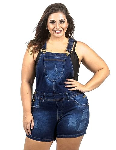 Jardineira jeans short plus size Lavanda e Alecrim (Azul, 54)