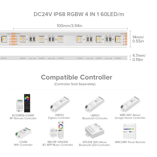 Image of BTF-LIGHTING RGBW LED Strip IP68 Waterproof Warm White DC24V 16.4FT 300LED | White LED Tape PCB 14mm 5050 4 Colors in 1 RGB + 6000K-7000K Tape Lights Can Work Outdoor(No Adapter or Controller)