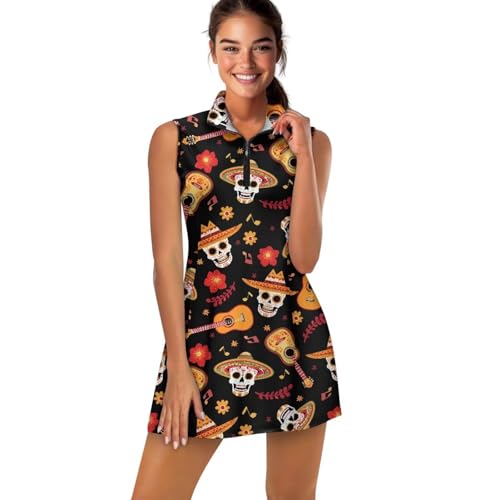 PJHEQOXE All Souls' Day Mexican Skeleton Print 2026 Womens Two Piece Tennis Golf Dress Moisture-Wicking and Quick-Dry Sports Wear Dresses for Women with Pocket Separate Shorts