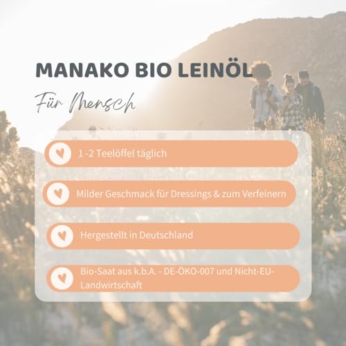 manako BIO Leinöl human, kaltgepresst und 100% rein, 750 ml Glasflasche