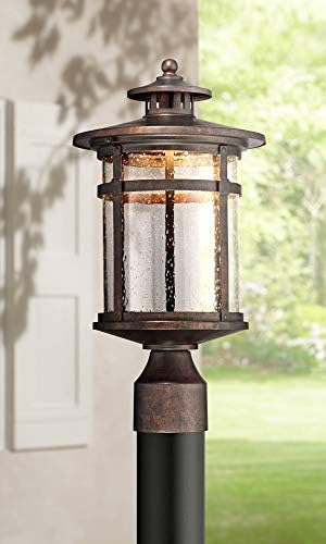 Franklin Iron Works Callaway Mission Industrial Outdoor Post Light Fixture LED Bronze 15 1/2" Seeded Glass for Exterior House Porch Patio Outside Deck Garage Yard Garden Driveway Home Lawn Walkway