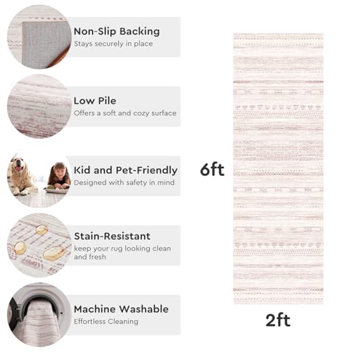 2x6 Pink Runner Rug Machine Washable Non Slip Area Rug Distressed Neutral Moroccan Boho Rug Ultra Soft Floor Runners for Hallways for Entryway Laundry Room Kitchen