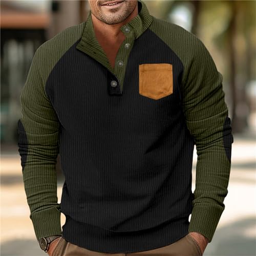 Mens Corduroy Sweatshirts Casual Snap Buttons Pullover Tops Elbow Patches Long Sleeve Ribbed Knit Waffle Henley Polo Shirts3