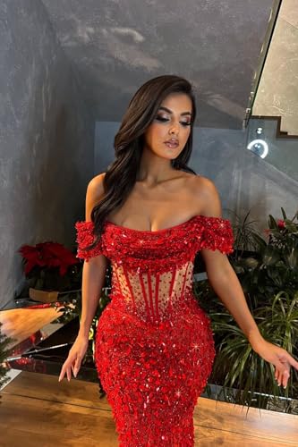 Sequin Prom Dresses 2025 Long Sparkly Off Shoulder Mermaid Beaded Sexy Sheer Formal Dresses Evening Party Gowns with Train2
