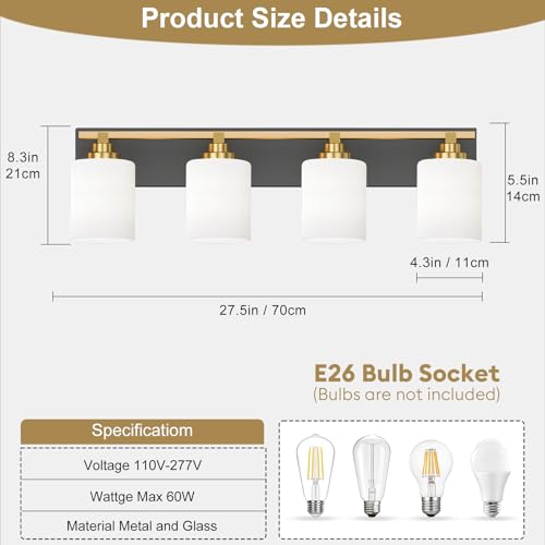 Image of Modern Bathroom Lighting Fixtures Over Mirror, Vanity Lights for Bathroom, Wall Sconces with Milky White Glass Shades, E26 Ceramic Socket, 4-Light 27.5-inch Black and Gold