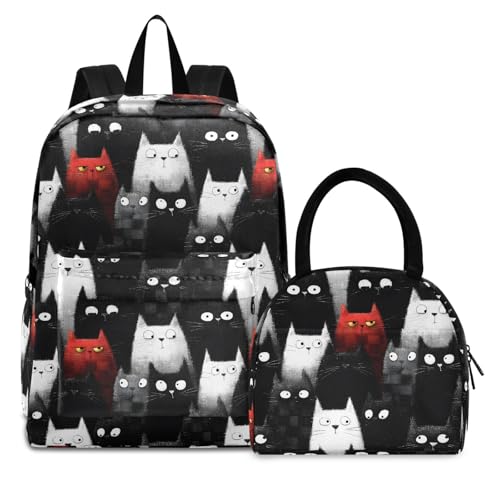 Group Of Cats Print Backpack Set with Lunch Bag, Large Capacity Travel Backpacks and Lunch Box Insulated for Commute Hiking Picnic