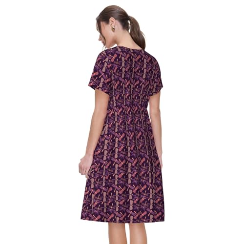 Robe d'été violette fluide à manches courtes et imprimé libellule graphique