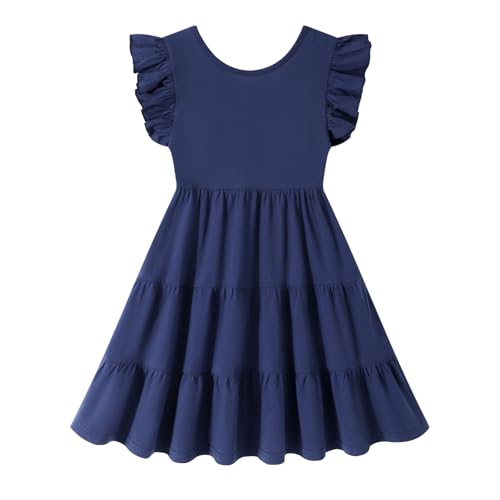 HILEELANG Toddler Girl Open Tie Back Dress Elegant Ruffle Short Flutter Sleeve Cotton Swing Twirly Sundress3