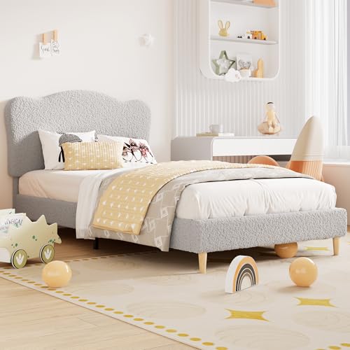Image of GarveeHome Kids Full Size Bed Frame with Adjustable Headboard, Sherpa Fleece Upholstered Modern Platform Bed Frame Full with Sturdy Wood Slats, No Box Spring Needed, Easy Assembly, Light Grey