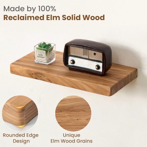 Image of Floating Shelves for Wall, 16 inchWx8 inchD Rustic Solid Elm Wood Floating Shelves Wall Mounted, Round Edge Wall Shelves with Invisible Bracket for Living Room Bathroom Bedroom Kitchen, Set of 2, Natural