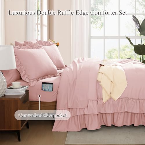 Image of King Size Comforter Set Soft Pink Ruffle 7 Pieces Farmhouse Bed in a Bag | Shabby Chic Fluffy All Season Bedding Sets with Sheets, Pillowcases & Shams