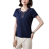 Summer Womens Flower Embroidery Loose Cotton Bottoming Shirt Women Button V-Neck Tshirt Female Simple Tops