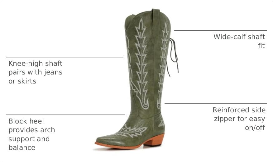Image of Uillnoodu Wide Calf Cowboy Boots Women Knee High Tall Western Cowgirl Boots Adjustable Lace Up Plus Size Comfortable 2-Inch Heel