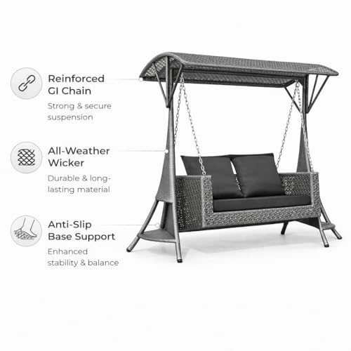 Image of Outdoor Swing with Stand & Roof Double Seater for Balcony, Garden | Weather Resistant Rattan & Wicker Hammock Jhula for Adults (Silver & Black)