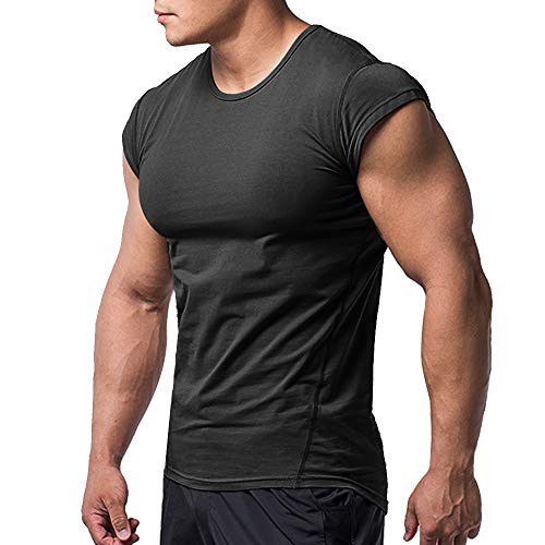 Hombres Corte Muscular Camiseta Manga Corta para Culturismo Gimnasio Rutina de Ejercicio Camisetas Algodón Negro XL