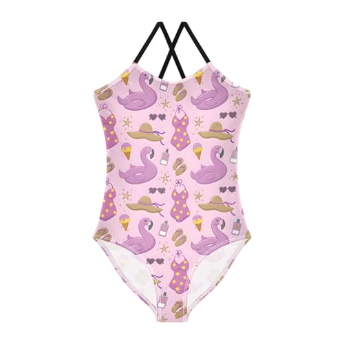 Flamingo Swim Ring Girls Swimsuits Quick Dry Crossback One Piece Beach Swimwear Bathing Suit, 3T