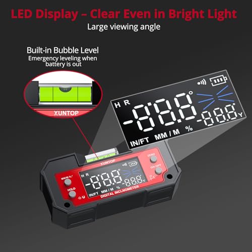 Image of XUNTOP Digital Angle Finder Tool Dual Axis X-axis of 4x90 and Y-axis of ±60 Powerful Magnetic Base Level Box Type-C Rechargeable Digital Inclinometer with LED Display for Woodworking Table Saw