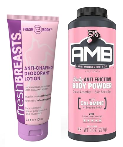Ladies No Sweat Bundle: Fresh BREASTS Lotion, 3.4oz - The Solution for Women and Lady Anti-Monkey Butt Body Powder, 8oz