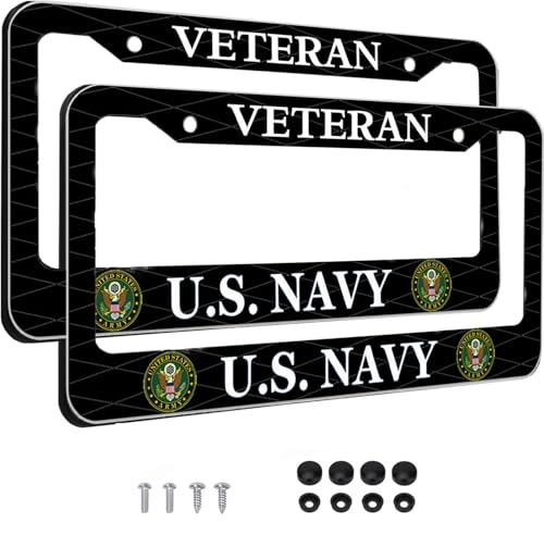 Image of 2PCS License Plate Frames for Veteran U.S.Navy,Car License Plate Bracket Holder, Premium Aluminum Alloy Weather Proof License Plate Covers with Screw Caps Cover Set Car Accessories