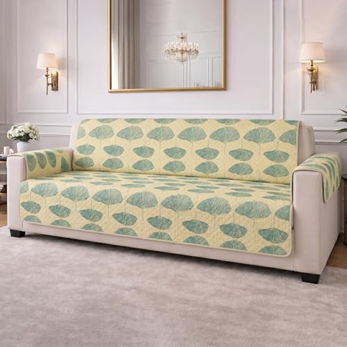 Image of STITCHNEST 'CloudFeel Series' Quilted Printed Velvet Sofa Cover for 1 Seater | Premium Soft Velvet Sofa Protector | Green Leaf Print Design with Armrest Pockets | Furniture Cover