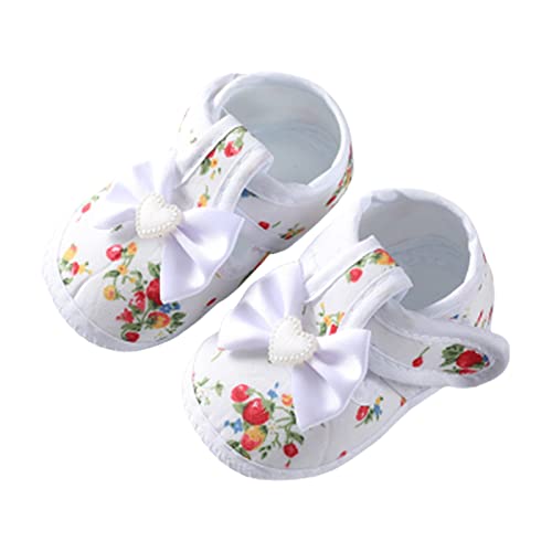 Image of Nsywmzy Baby Girl Shoes Mary Jane Flats with Bownot Flower Print First Walkers Non-Slip Soft Sole Crib Shoes for Infant (White, 0_Months-3_Months)