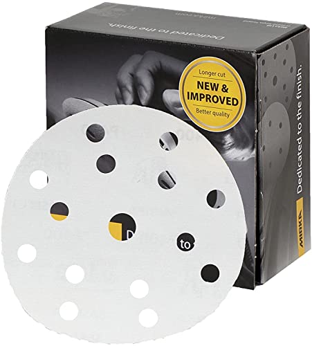 Mirka Basecut White Hook and Loop Hook It 150mm 6 Inch Sanding Discs - Box 50 Abrasive P60 Grit Automotive Refinishing Sandpaper Sanding Discs 15 Hole Vacuum Dust Extraction System