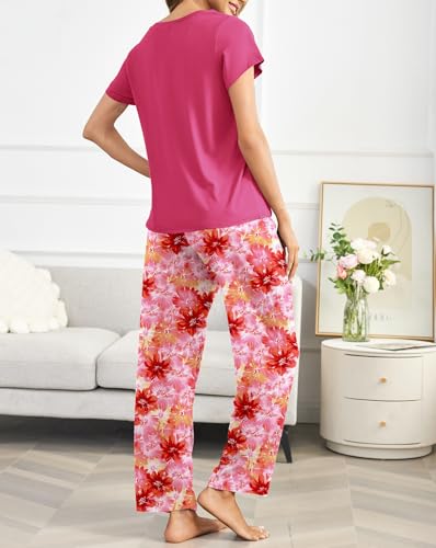 Image of Ekouaer Pajama Sets for Women Round Neck Pjs Short Sleeve Sleepwear with Long Pants Loose Lounge Sets