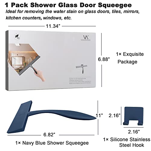 Image of Squeegee for Shower Glass Door, 11-Inch Shower Squeegee for Glass Doors, Bathroom Silicone Squeegees Wiper for Shower with Non-Slip Handle, No-Drilling Silicone Hanging Hook, for Tiles (Dark Blue)