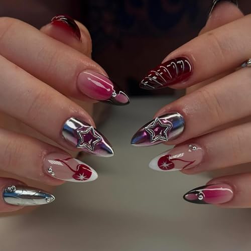 24 Pcs Press on Nails Short Almond, ZIFANHU Fake Nails Press on Nail Tips Glue on Nails Full Cover Acrylic False Nails with Stereo Metal Star Ripple Hollow French Design Stick on Nails for Women