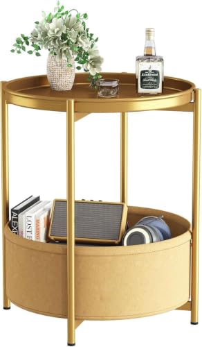 Beistelltisch Rund Kleiner Tisch Metall Balkontisch Sofatisch 2 Ebenen Couchtisch mit Korb aus Stoff Nachttisch Wohnzimmertisch Beistelltische fürs Wohnzimmer Schlafzimmer Terrasse Gold