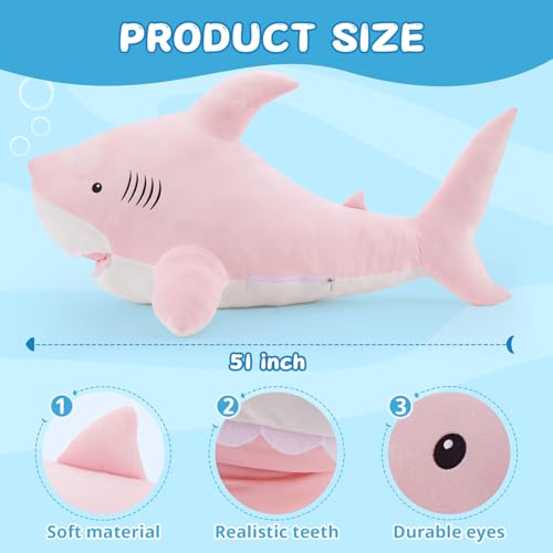 Image of MorisMos 51inch Giant Shark Stuffed Animal, Large Shark Plush Toy Pillow Gift for Kids, Girlfriend, Pink
